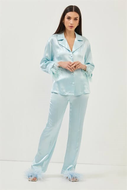 Aqua Manşetleri Tüy Detaylı Saten Görünümlü Bluz Yüksek Bel Palazzo Pantolon Takım