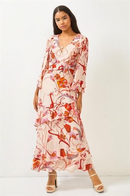 Bej Uzun Kol Floral Desenli Midi Elbise