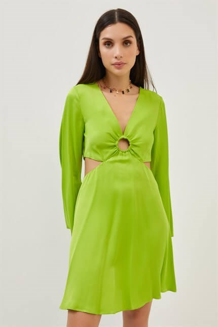 Fıstık Yeşili Cut Out Detaylı Uzun Kol Mini Elbise