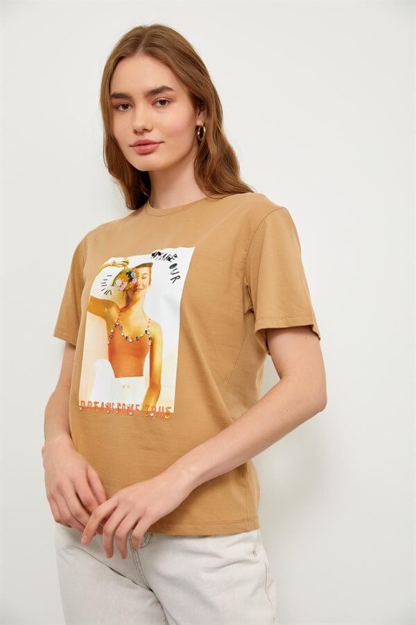 Kahverengi Kısa Kol Baskılı T-Shirt