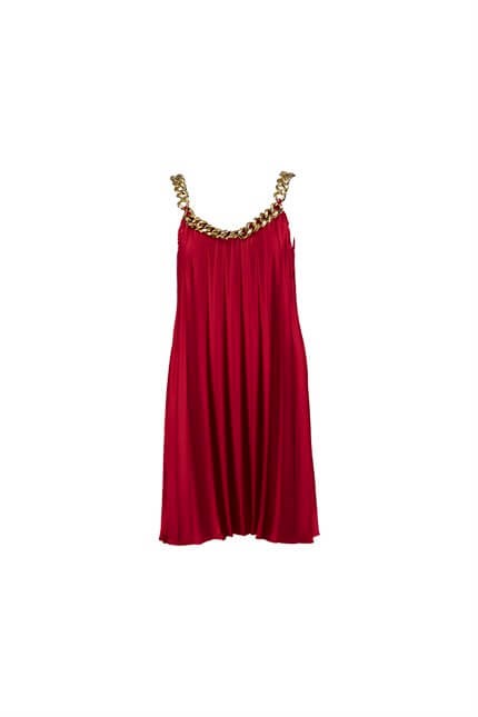 Kırmızı Gold Zincir Detaylı Saten Görünümlü Piliseli Mini ElbiseST070S40170901