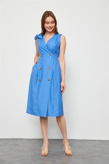 Marina Mavisi Kruvaze Diz Altı Elbise