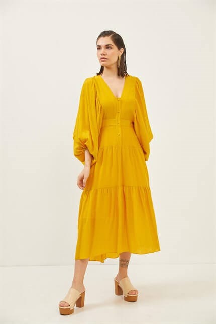 Sarı Kolları Volanlı V Yaka Midi Elbise