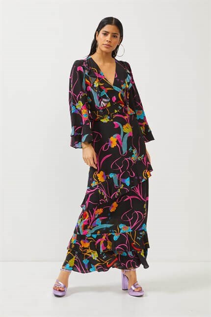 Siyah Uzun Kol Floral Desenli Midi Elbise
