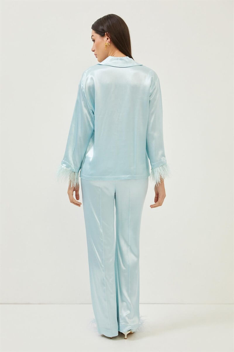Aqua Manşetleri Tüy Detaylı Saten Görünümlü Bluz Yüksek Bel Palazzo Pantolon Takım ST070S30808001