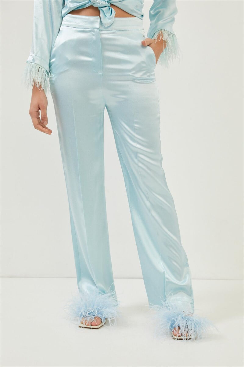 Aqua Manşetleri Tüy Detaylı Saten Görünümlü Bluz Yüksek Bel Palazzo Pantolon Takım ST070S30808001