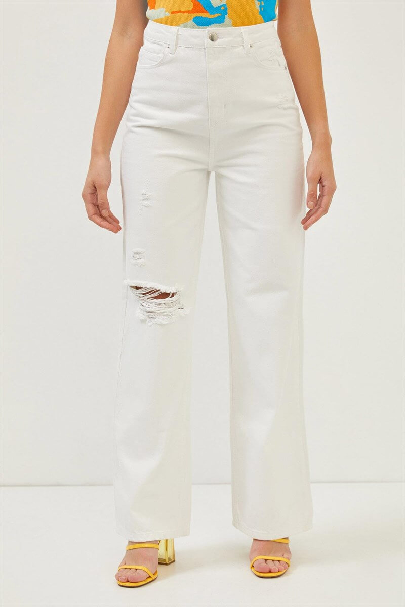 Beyaz Yüksek Bel Yırtık Detaylı Wide Leg Jean