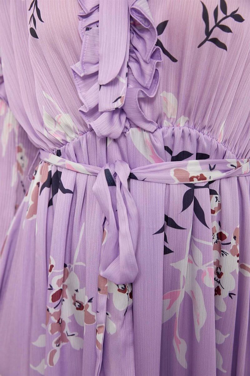 Ekru-Lila Floral Desen Maxi Elbise