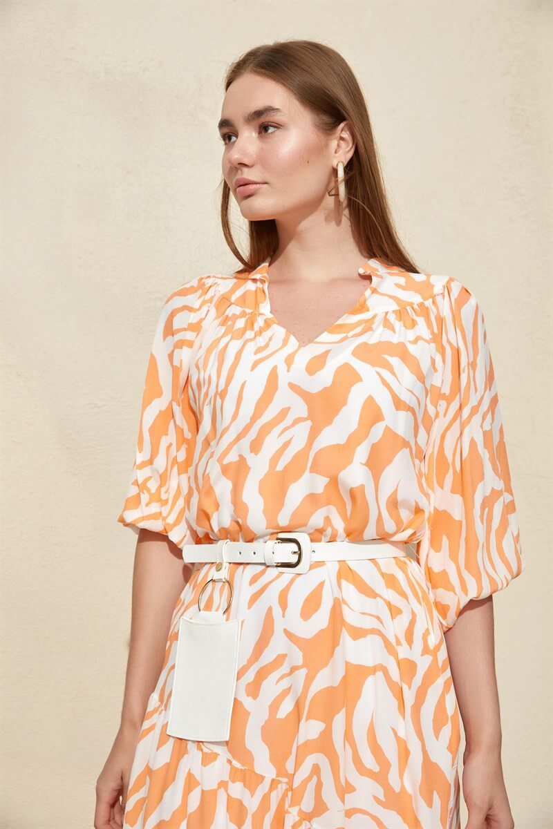Ekru-Oranj Modal Rayon Zebra Desenli Çanta Kemerli Elbise