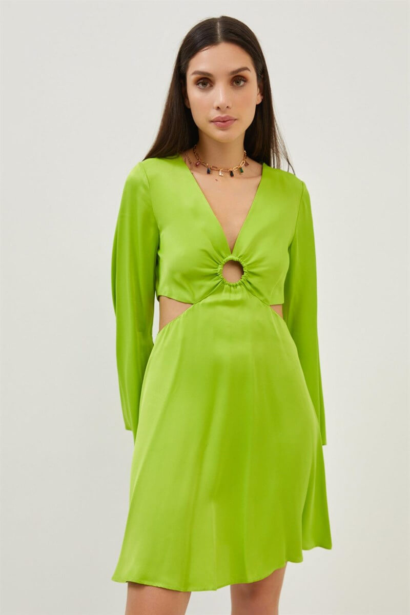Fıstık Yeşili Cut Out Detaylı Uzun Kol Mini ElbiseST070S40157601