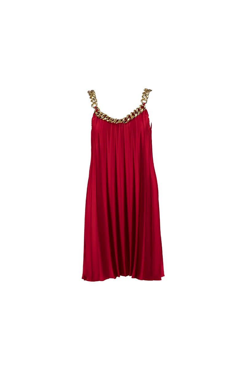 Kırmızı Gold Zincir Detaylı Saten Görünümlü Piliseli Mini ElbiseST070S40170901