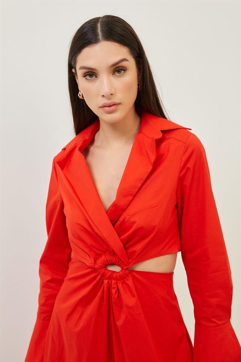 Kırmızı Kruvaze Yaka Cut Out Detaylı Maxi Boy ElbiseST070S40161201