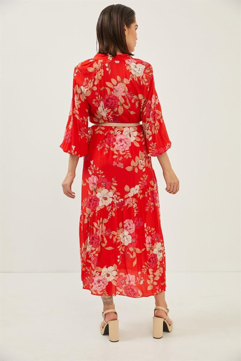 Kırmızı Rayon Viskon Kemerli Floral Desen Elbise