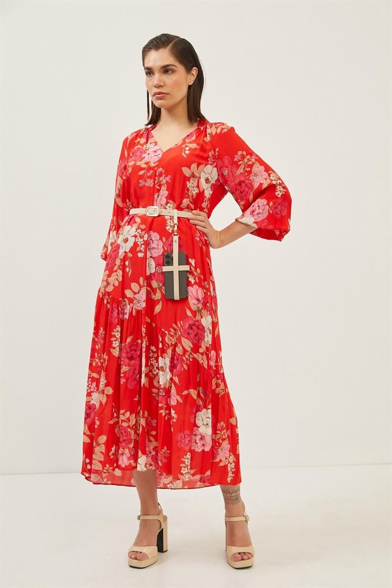 Kırmızı Rayon Viskon Kemerli Floral Desen Elbise