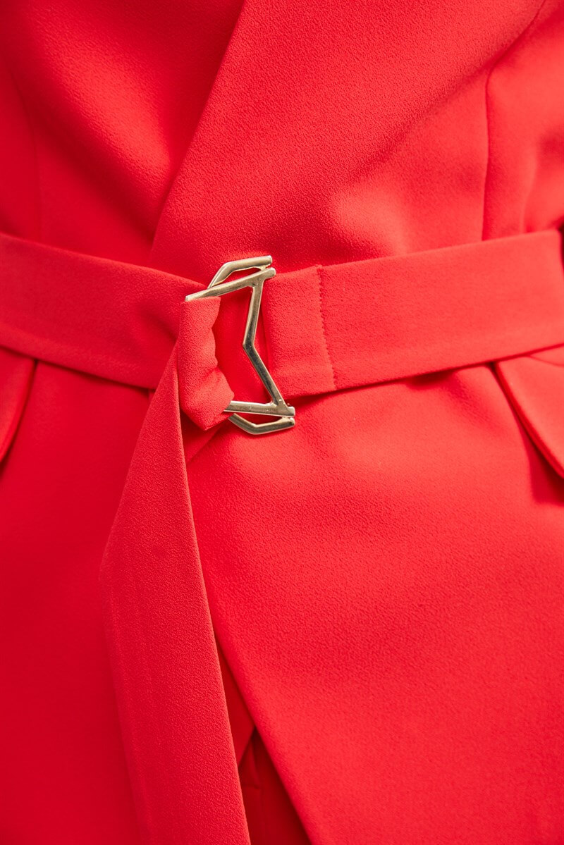 Kırmızı Uzun Kol Kuşaklı Ceket Pantolon Takım