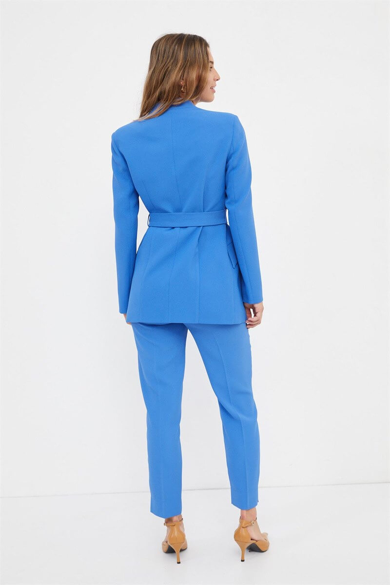 Mavi Uzun Kol Kuşaklı Ceket Pantolon Takım