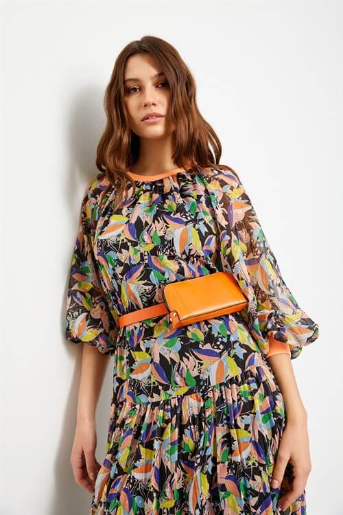 Oranj Floral Desen Çantalı ElbiseST060S40107001