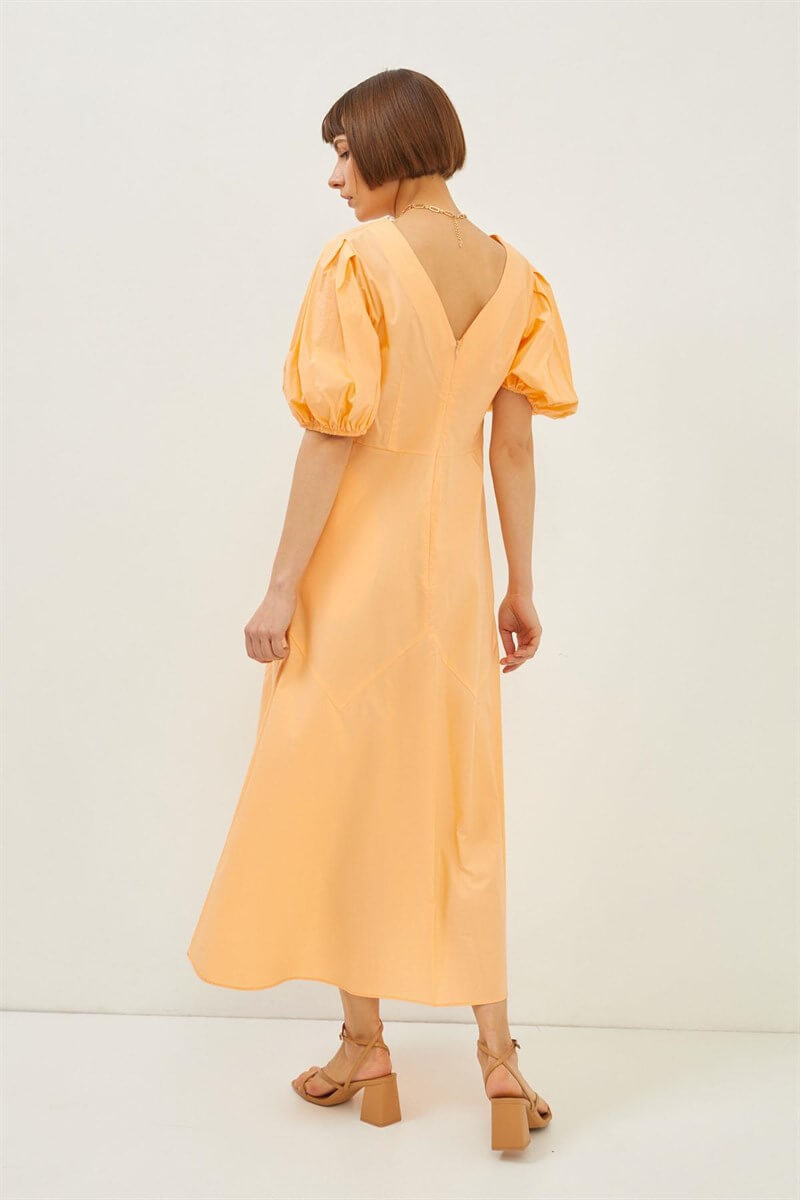 Oranj V Yaka Midi Elbise