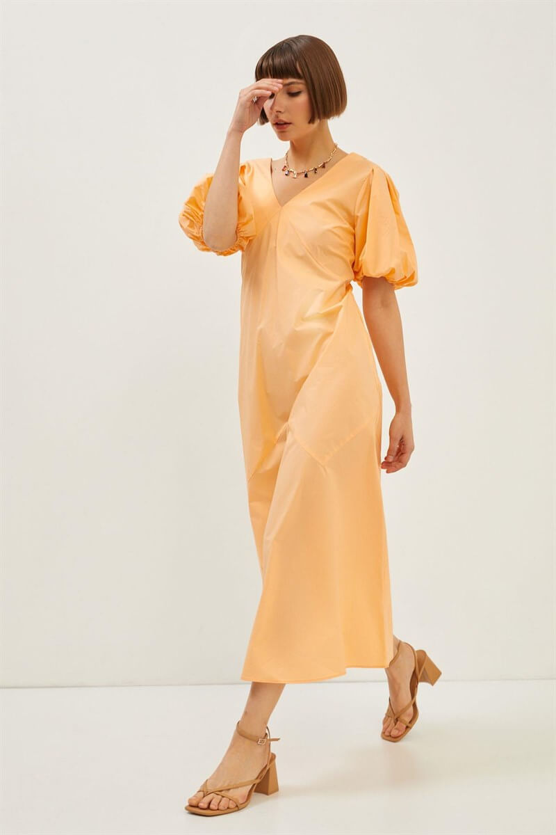 Oranj V Yaka Midi Elbise