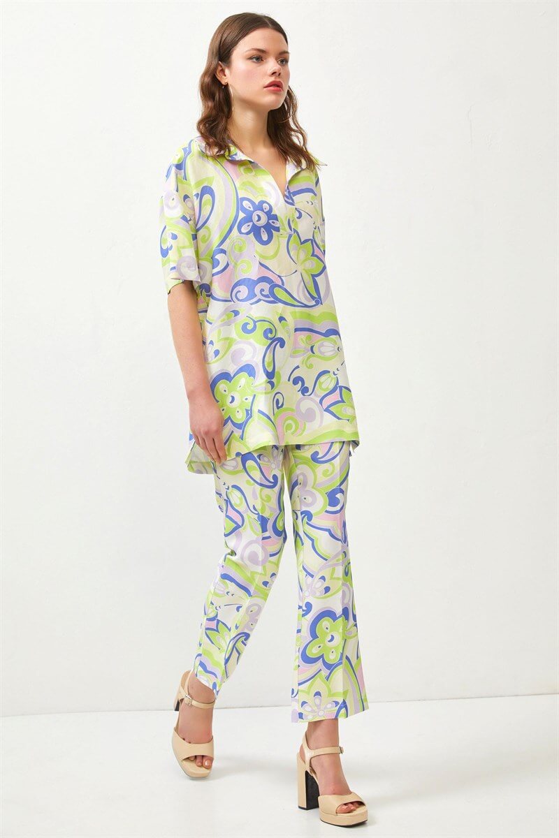 Pembe-Yeşil Şal Desenli Oversize Bluz Pantolon TakımST060S65132002