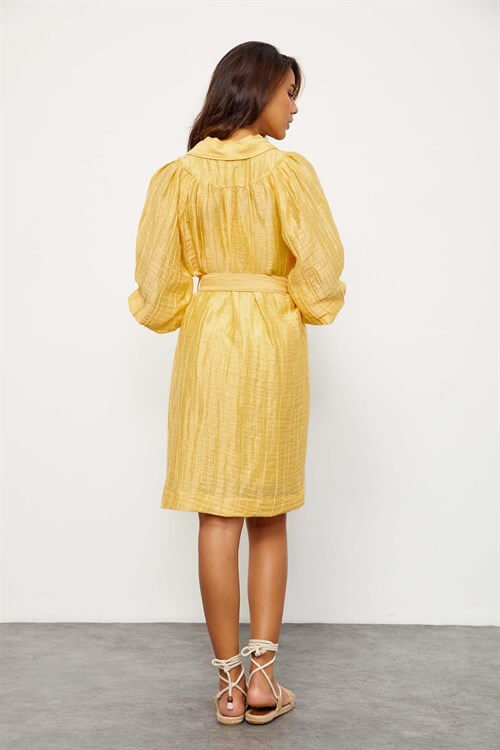 Sarı Kemerli Balon Kol Mini ElbiseST060S4010231