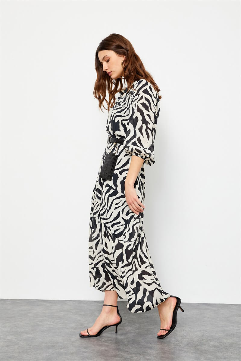 Siyah-Beyaz Modal Rayon Zebra Desenli Çanta Kemerli ElbiseST060S40107501