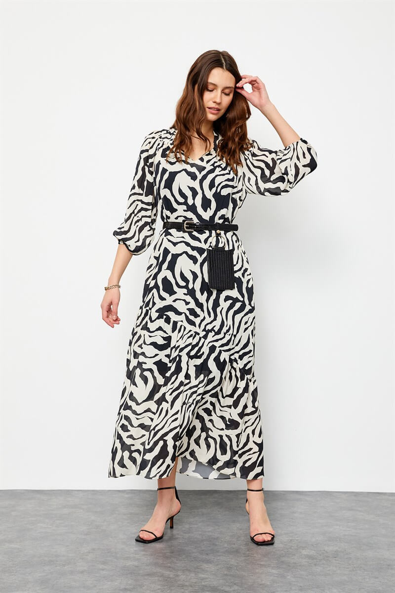 Siyah-Beyaz Modal Rayon Zebra Desenli Çanta Kemerli Elbise