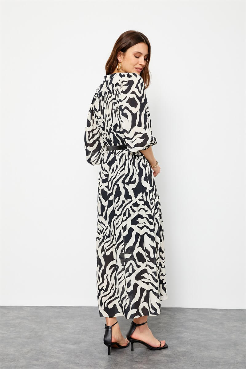 Siyah-Beyaz Modal Rayon Zebra Desenli Çanta Kemerli Elbise