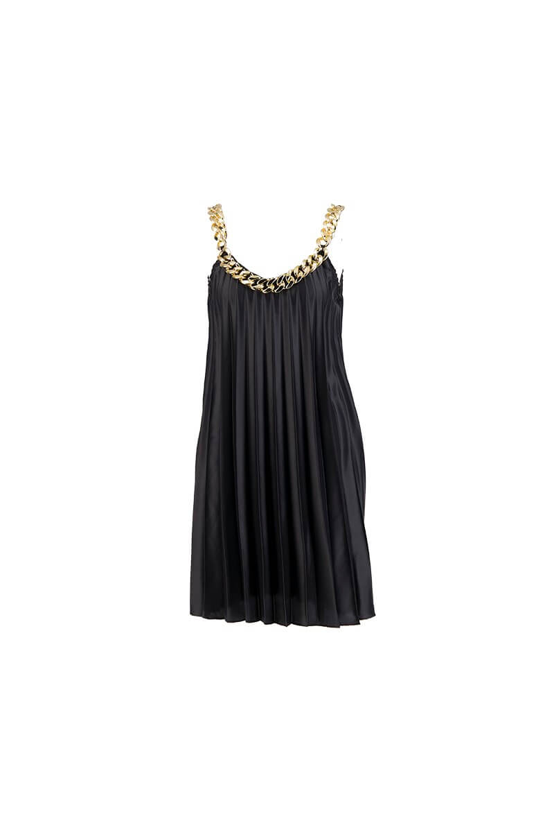 Siyah Gold Zincir Detaylı Saten Görünümlü Piliseli Mini ElbiseST070S40170901