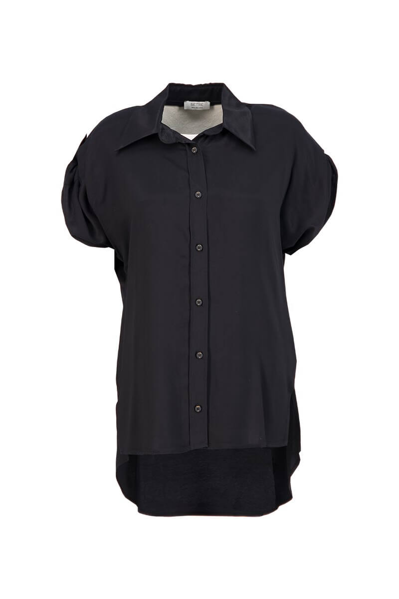 Siyah Kısa Kollu Düğme Detaylı Gömlek