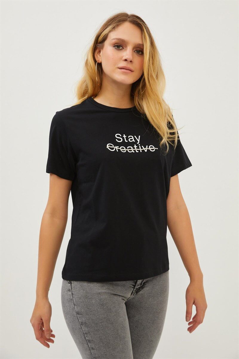 Siyah Slogan Baskılı T-ShirtST070S71285001