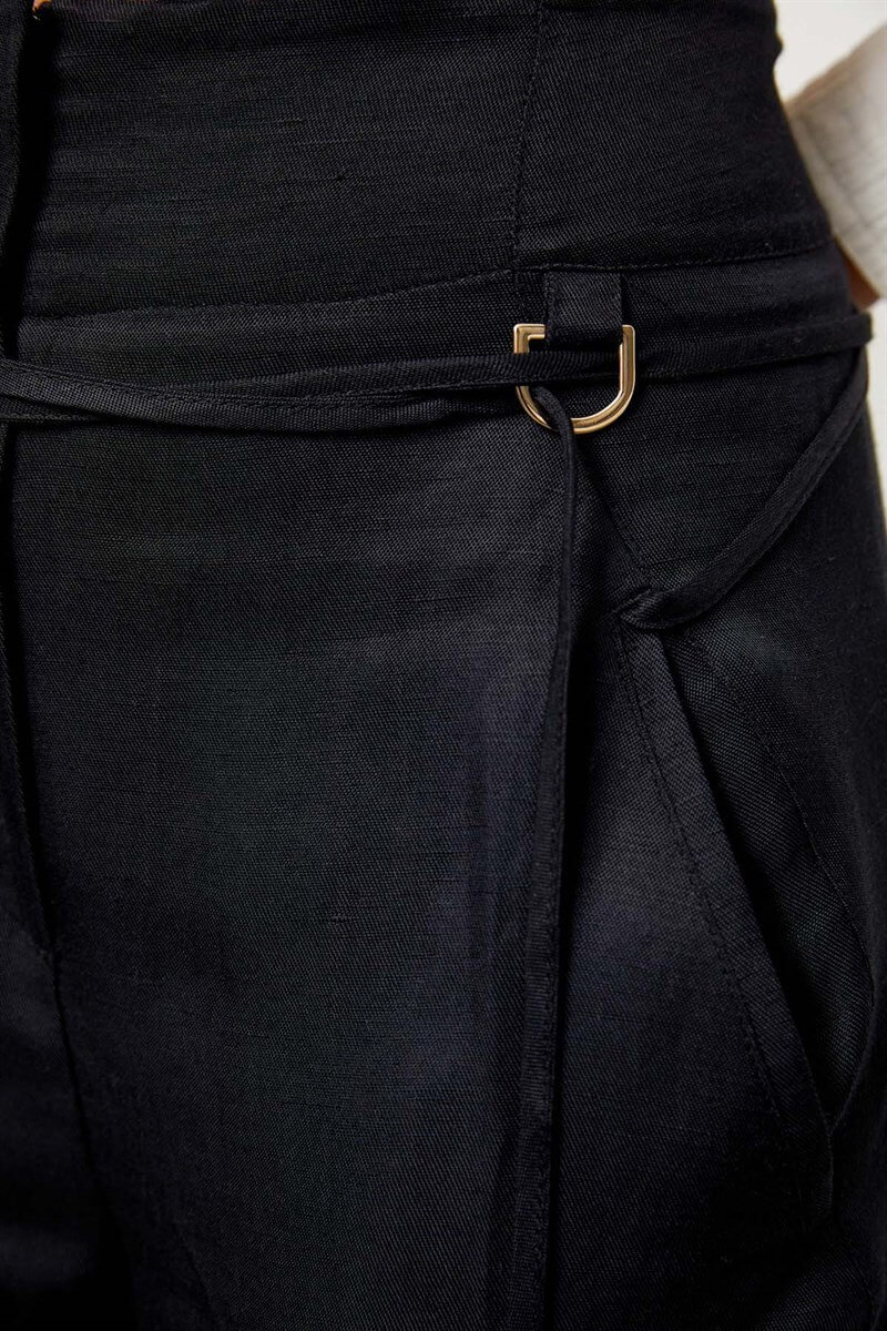 Siyah Yüksek Bel İp Detaylı Pantolon