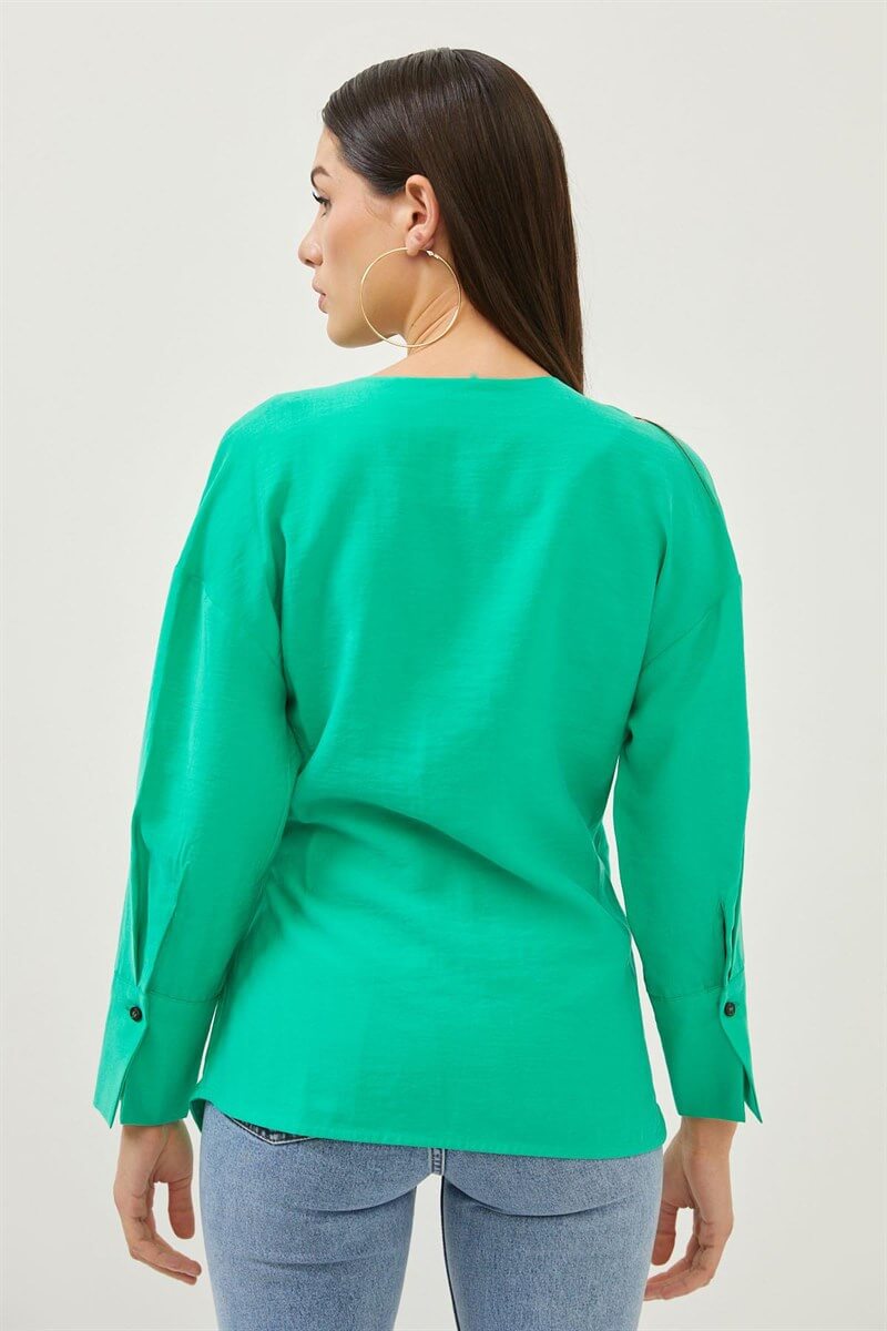 Yeşil Anvelop Bağlamalı Uzun Kol Bluz