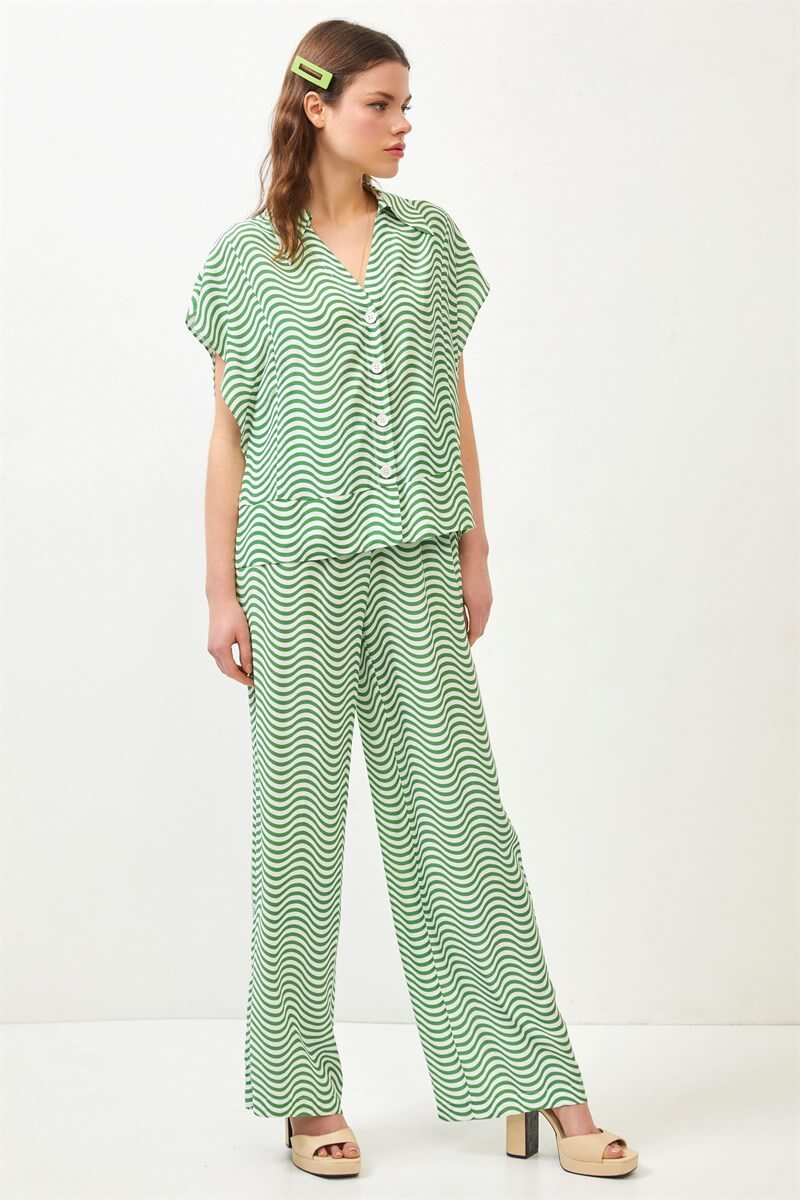 Yeşil Çizgili Kısa Kollu Gömlek Yüksek Bel Pantolon Takım