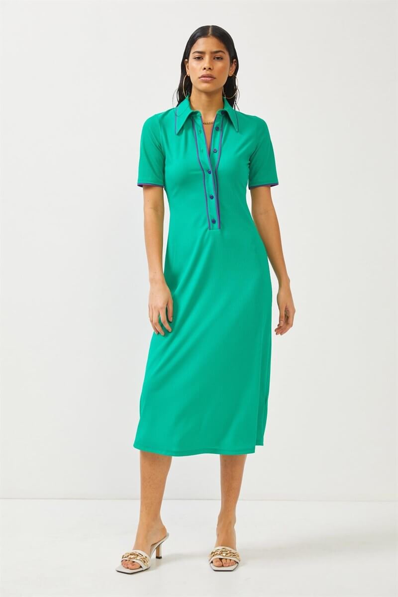 Yeşil Kısa Kol Düğme Ve Yaka Detaylı Elbise