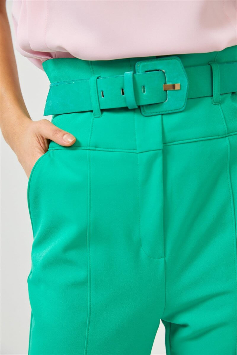 Yeşil Yüksek Bel Cepli Kumaş Pantolon
