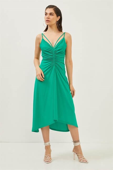 Yeşil Askılı Drape Detaylı Elbise