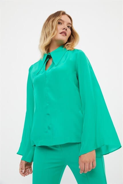 Yeşil Büyük Yaka Volan Kol Bluz