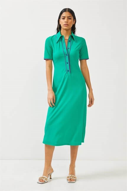Yeşil Kısa Kol Düğme Ve Yaka Detaylı Elbise