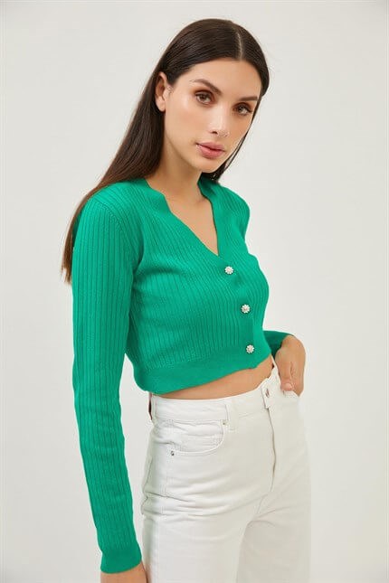 Yeşil Taşlı Düğme Detaylı Crop Triko Bluz
