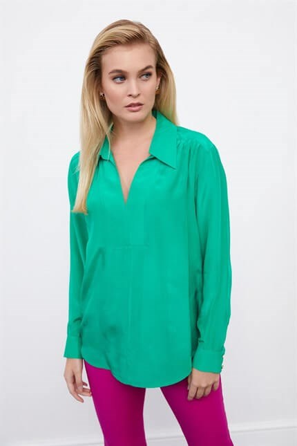 Yeşil V Yaka Uzun Kol Bluz